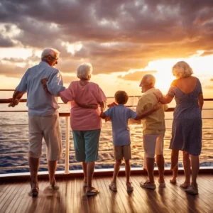 Multigenerational family enjoying a sunset on a cruise ship deck