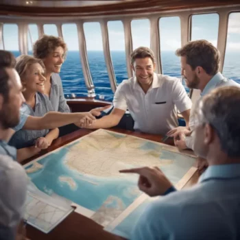 Group of happy travelers planning a cruise itinerary around a map on a ship, with ocean views through round windows, ideal for luxury and adventure cruises in destinations like the Caribbean or Mediterranean.