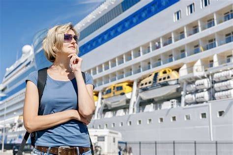 Woman pondering her next cruise adventure in front of a large cruise ship, showcasing luxury and the allure of sea travel.