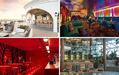 Collage of various onboard bars and lounges on a cruise ship, showcasing different themes and ambiances