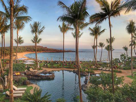 Tropical resort with palm trees, a lagoon-style pool, and a sandy beach leading to calm ocean waters.