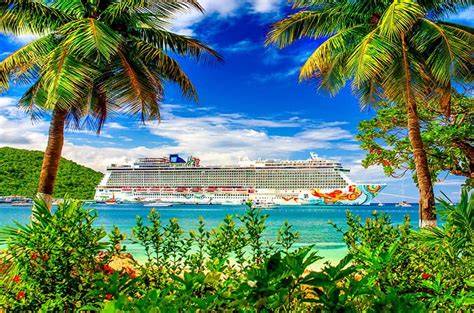 Cruise ship docked near a tropical beach framed by palm trees and lush greenery