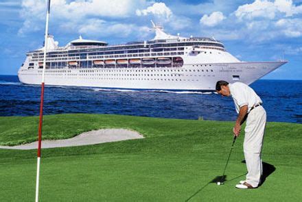 Golfer putting on a green with a large cruise ship in the background.