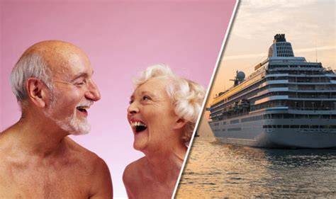 Happy elderly couple with cruise ship at sunset before locking loins