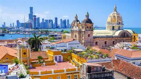 Scenic view of Cartagena, Colombia with historic buildings and modern skyline in the background