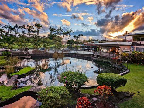 Scenic view of a tropical garden with a pond, lush greenery, vibrant flowers, and a sunset sky.