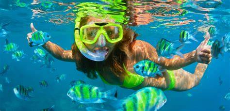 Woman snorkeling among colorful fish in clear Caribbean waters