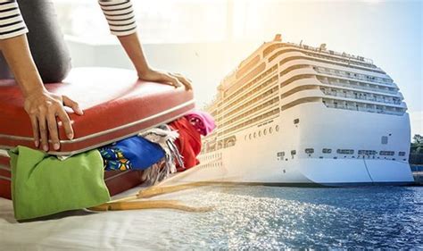 Overpacked suitcase with a cruise ship in the background