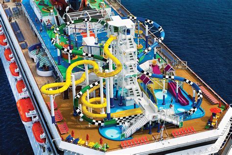 Aerial view of a vibrant water park with slides and pools onboard a cruise ship