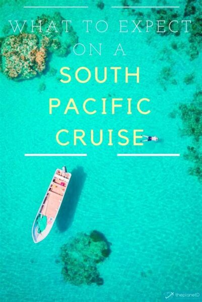 Aerial view of a boat in crystal-clear turquoise waters with text overlay "What to Expect on a South Pacific Cruise".