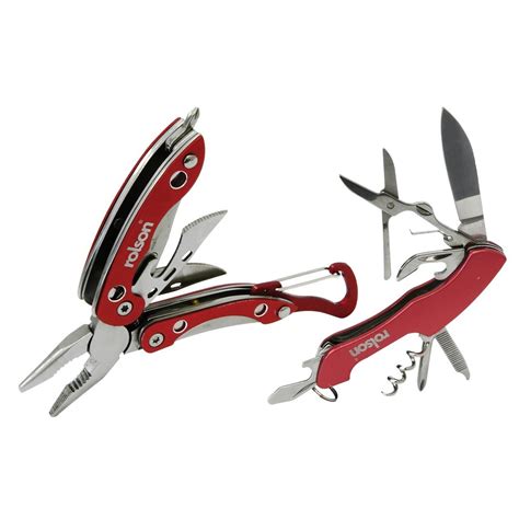 Two red multi-tool pocket knives with various tools extended