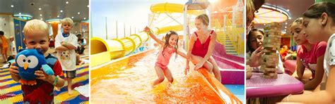 Children enjoying various activities onboard a cruise ship, including playing, swimming, and building with blocks