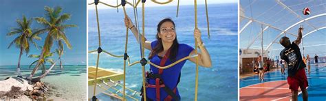 Collage of beach scenery, a woman climbing an obstacle course, and people playing basketball onboard a cruise ship