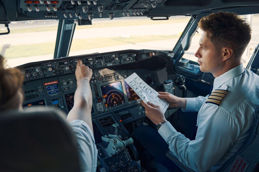 Airline Captain And First Officer Sitting In The Cockpit With Flight Checklist 1024x683