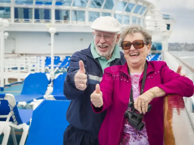Fun Senior Couple Give Thumbs Up Deck Cruise Ship Happy Luxury Passenger 53437810 640x480
