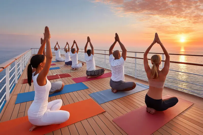 group yoga session cruise ship sunrise overlooking ocean serene class held deck participants gracefully 400404132