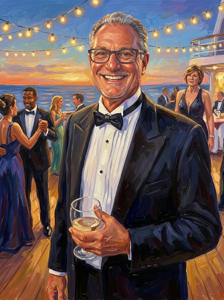 Captain Chuck Lund aboard a cruise ship at sunset