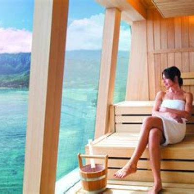 Woman relaxing in a luxury cruise ship spa with panoramic ocean views